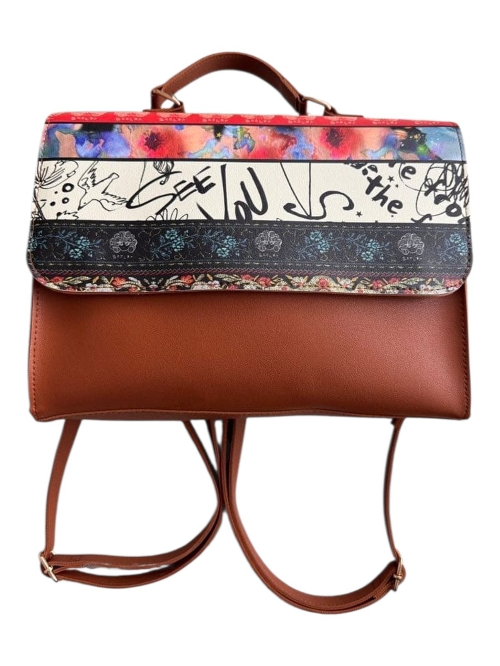 SCOLAR Faux Leather Backpack, Handbag, Shoulder Bag with Multicolor Printed Flap
